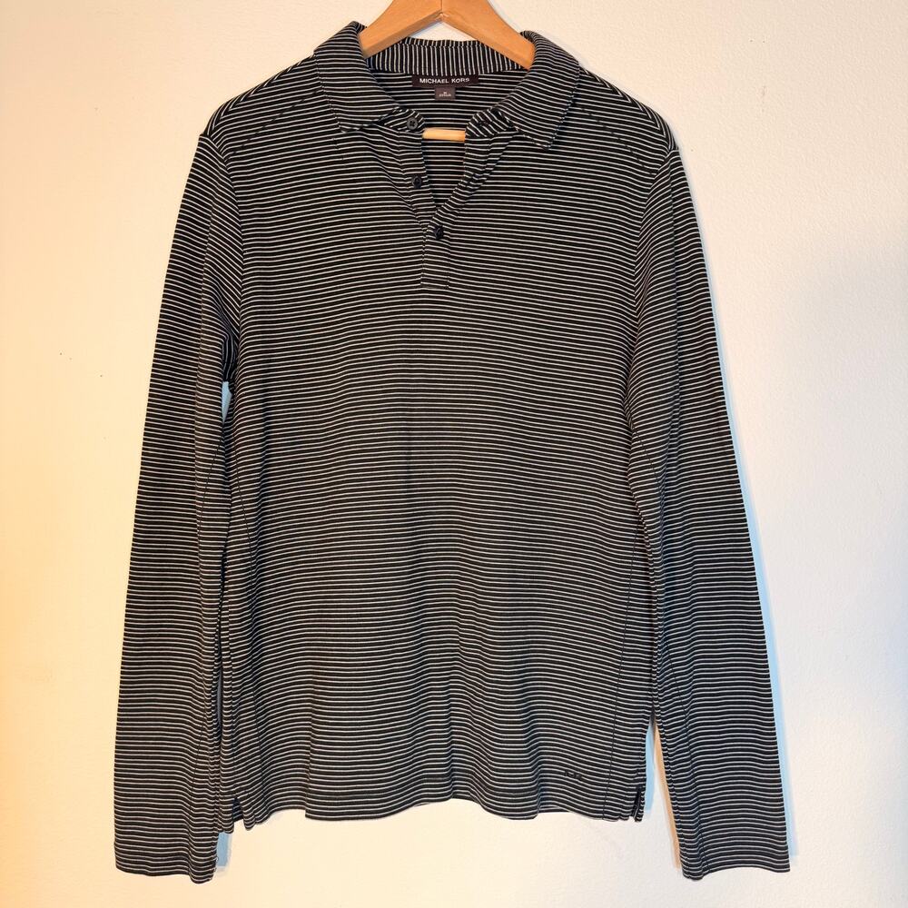 Michael Kors Men’s Striped Long-Sleeve Polo Shirt Size Medium Black White